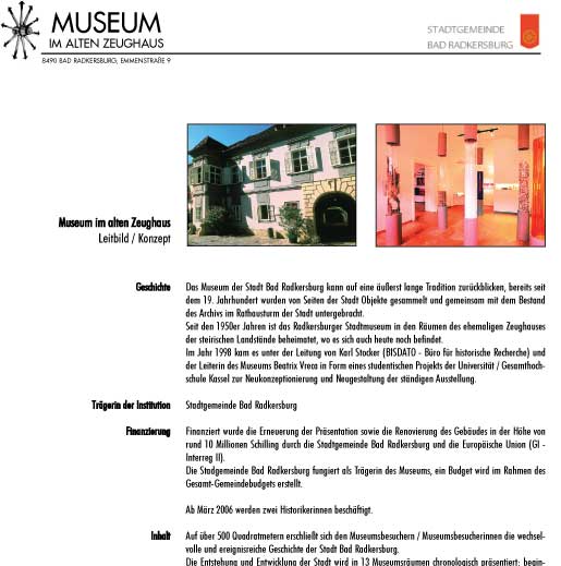 Auszug aus dem Museumsleitbild mit Außen- und Innensicht des Museums