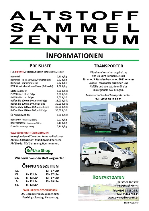 Informationsblatt incl. Kosten des Abfallsammelzentrums