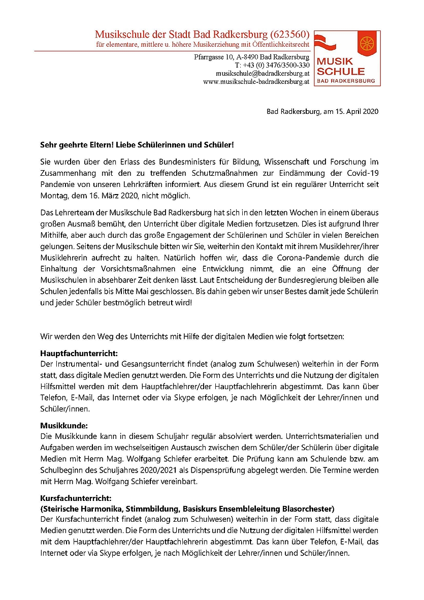 Musikschule Elterninformation Corona Stand 15 4 2020