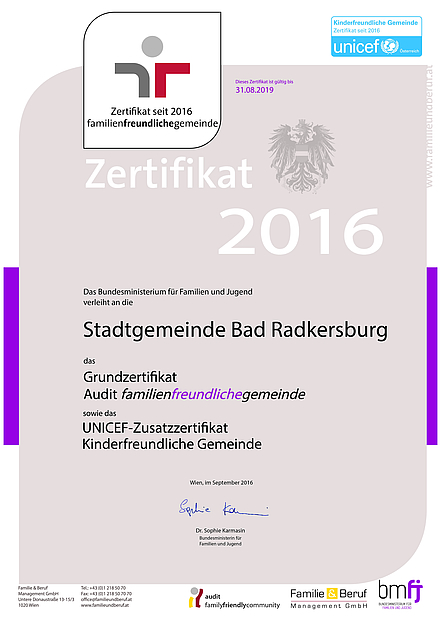 Zertifikat "familienfreundlichegemeinde" für Bad Radkersburg