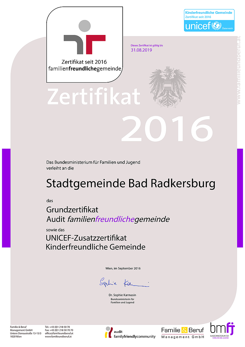 Zertifikat "familienfreundlichegemeinde" für Bad Radkersburg